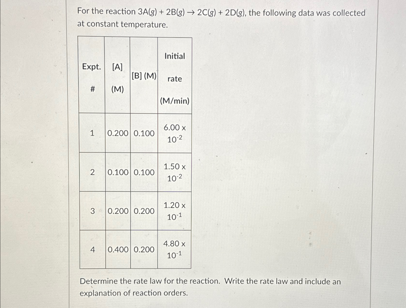 Solved For the reaction 3A(g)+2B(g)→2C(g)+2D(g), ﻿the | Chegg.com