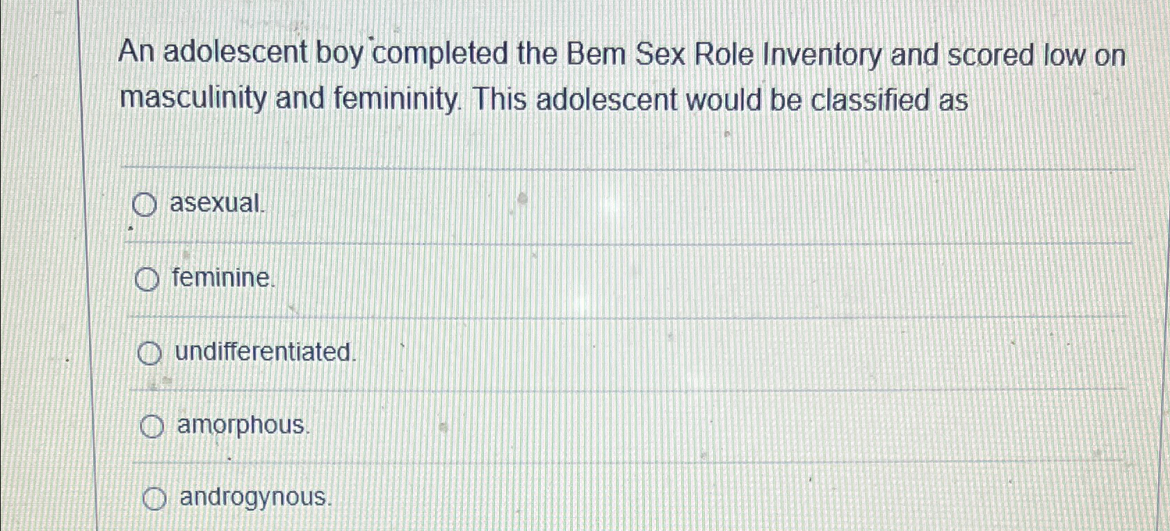 Solved An adolescent boy completed the Bem Sex Role | Chegg.com