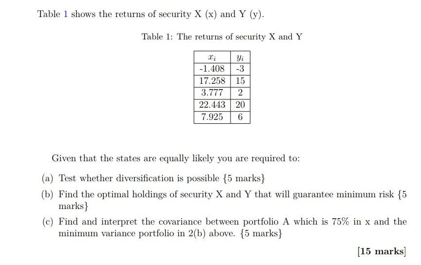 Solved Table 1 shows the returns of security X (x) and Y | Chegg.com