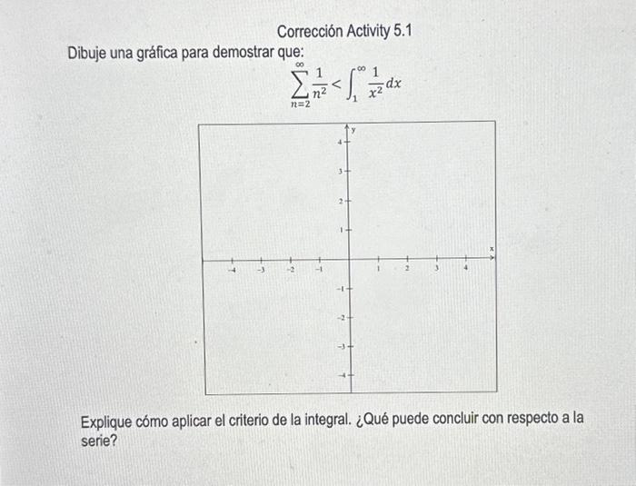 Corrección Activity 5.1 Dibuje una gráfica para demostrar que: \[ \sum_{n=2}^{\infty} \frac{1}{n^{2}}<\int_{1}^{\infty} \frac