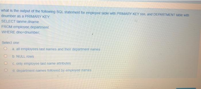 Solved what is the output of the following SQL statement for | Chegg.com