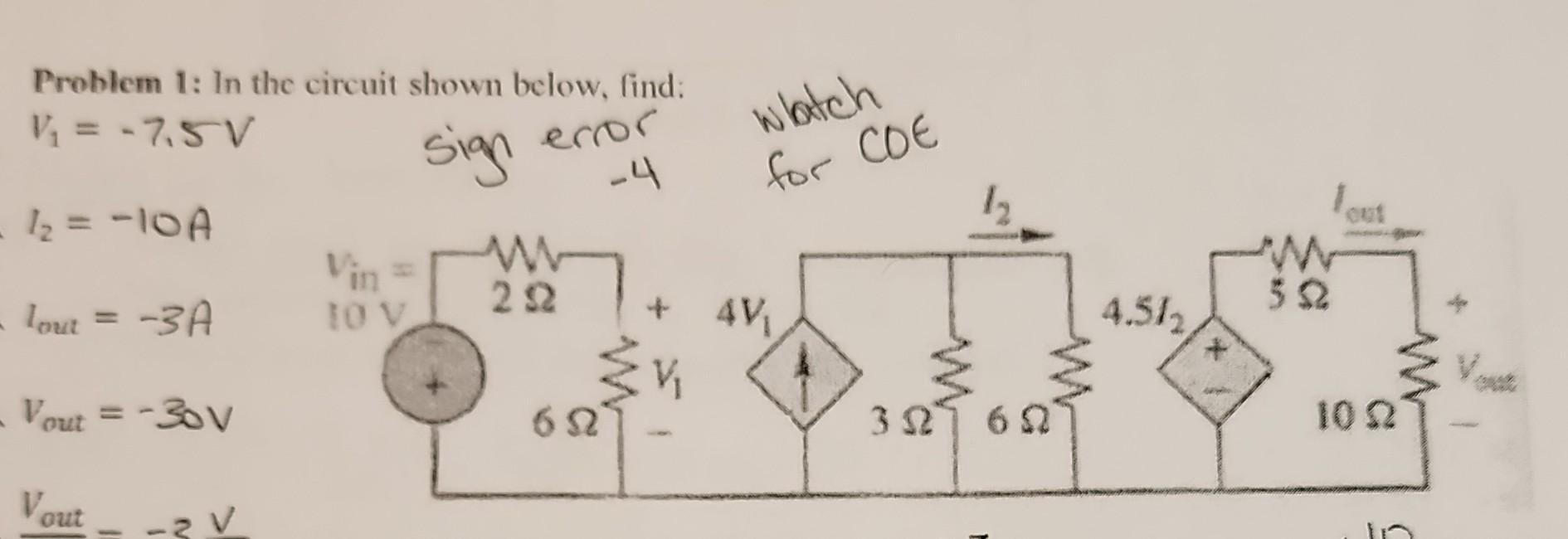 Solved Problem 1: In The Circuit Shown Below, Find: V1=−7.5 | Chegg.com