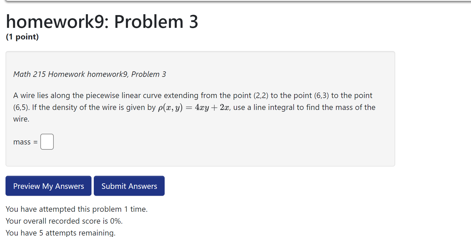 Solved Math 215 ﻿Homework homework9, ﻿Problem 3A wire lies | Chegg.com