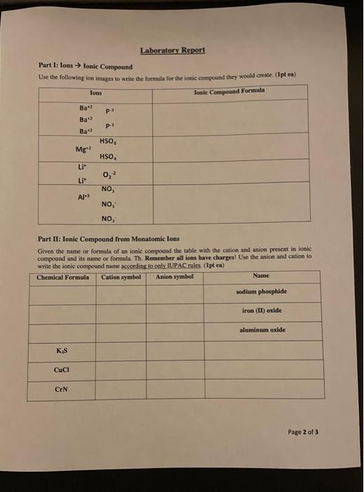 Solved Laboratory Report Part I: Ions → Ionic Compound Uie | Chegg.com