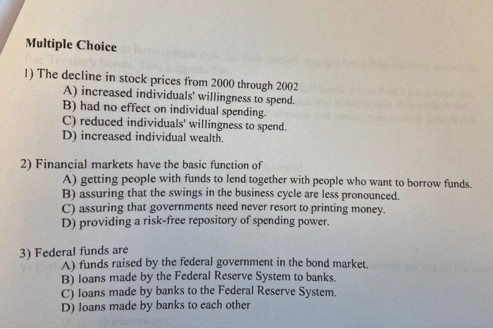 Solved Multiple Choice 1) The decline in stock prices from | Chegg.com