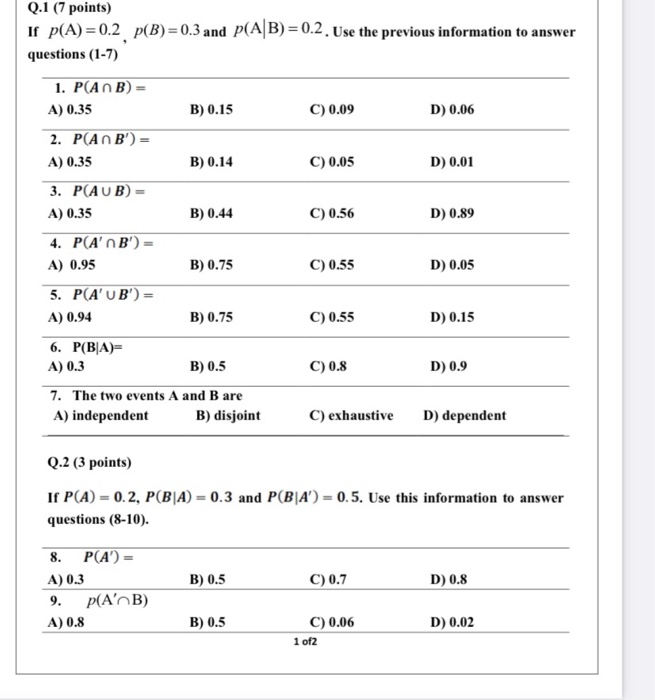 Solved Q 1 7 Points If P A 0 2 P B 0 3 And P A B Chegg Com