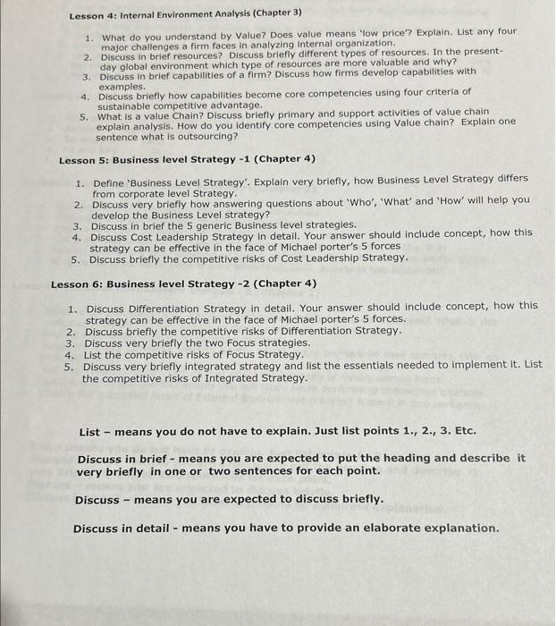 Solved Lesson 4: Internal Environment Analysis (Chapter 3) | Chegg.com
