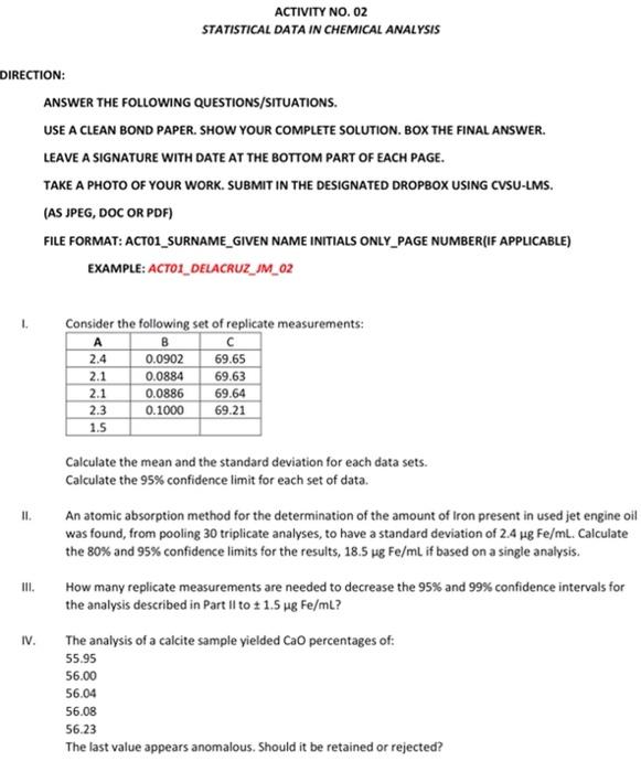Solved ACTIVITY NO. O2 STATISTICAL DATA IN CHEMICAL ANALYSIS | Chegg.com