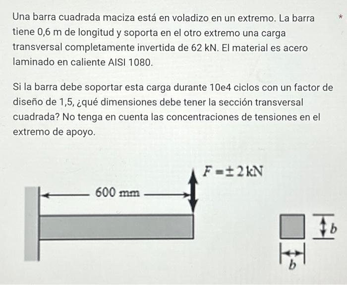 Una barra cuadrada maciza está en voladizo en un extremo. La barra tiene \( 0,6 \mathrm{~m} \) de longitud y soporta en el ot