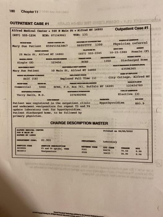 180 Chapter 11 CUADO-040 OUTPATIENT CASE #1 MOD-SUSHTONES 1903 Alfred Medical Center. 548 N Main St. Alfred NY 14802 Outpatie