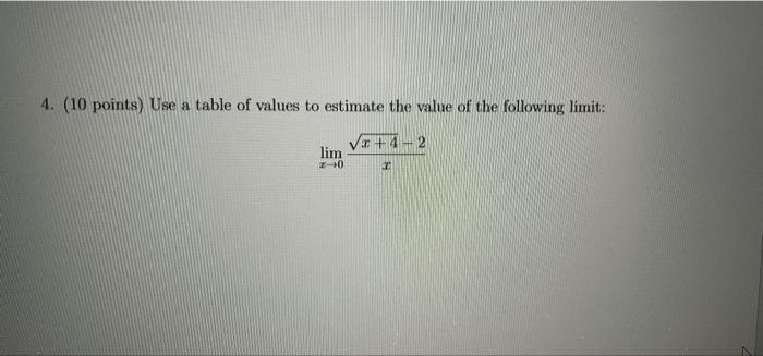 Solved 4. (10 points) Use a table of values to estimate the | Chegg.com