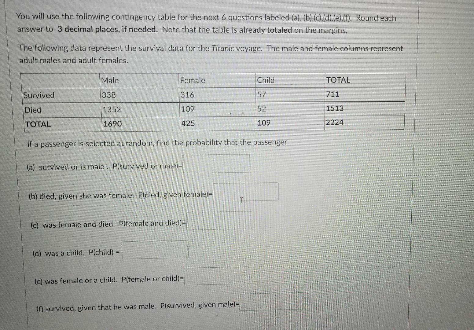 Solved You will use the following contingency table for the | Chegg.com