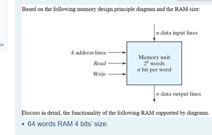 on
Based on the following memory design principle diagram and the RAM size:
k address lines
Read
Write
n data input lines
Mem