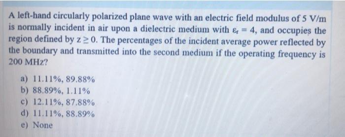 Solved A left-hand circularly polarized plane wave with an | Chegg.com