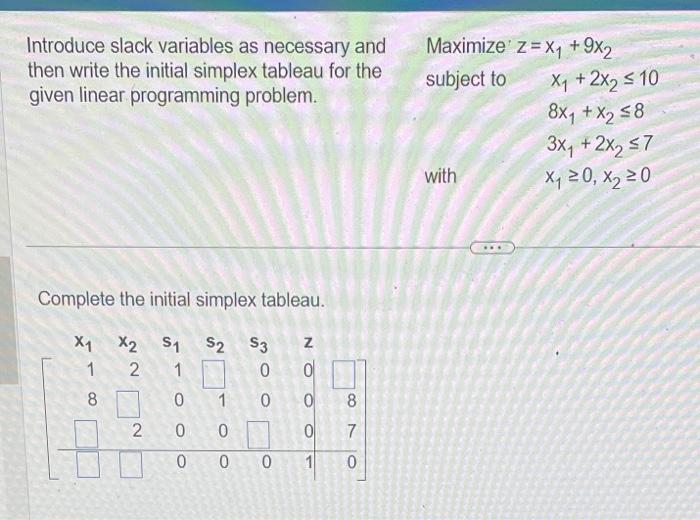 Solved Complete the initial simplex tableau. | Chegg.com