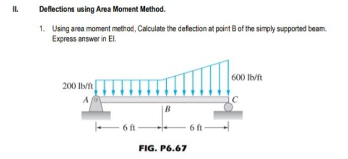 Deflections using Area Moment Method.
1. Using area moment method, Calculate the deflection at point B of the simply supporte