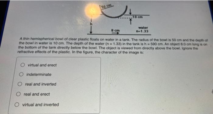 A thin hemispherical bowl of clear plastic floats on water in a tank. The radius of the bowt is \( 50 \mathrm{~cm} \) and the