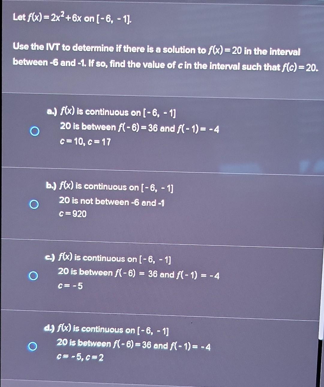 Solved Let F X 2x2 6x On [−6 −1] Use The Ivt To Determine