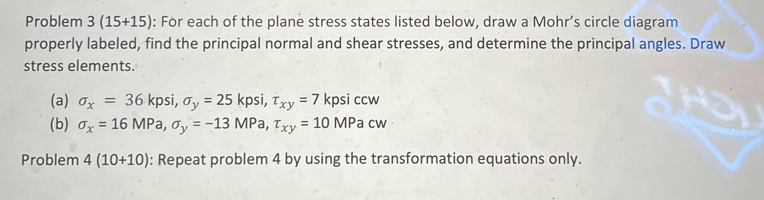 Solved Problem 3(15+15) ﻿: For each of the plane stress | Chegg.com