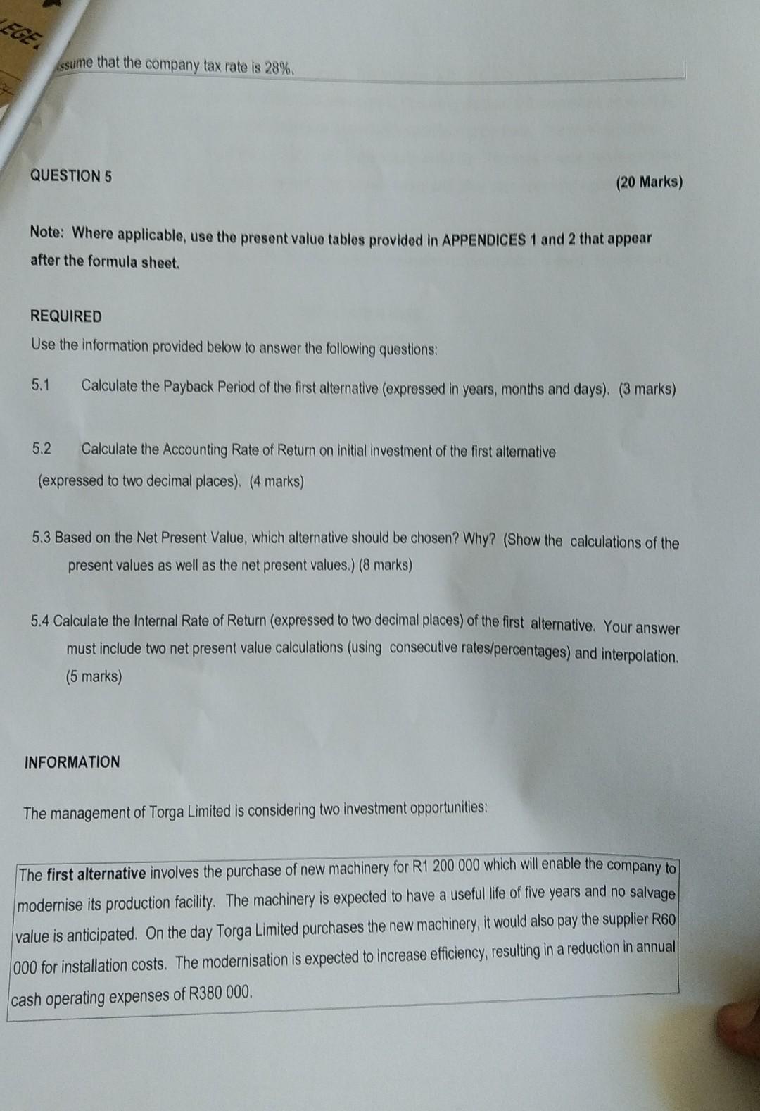 Solved QUESTION 5 (20 Marks) Note: Where Applicable, Use The | Chegg.com