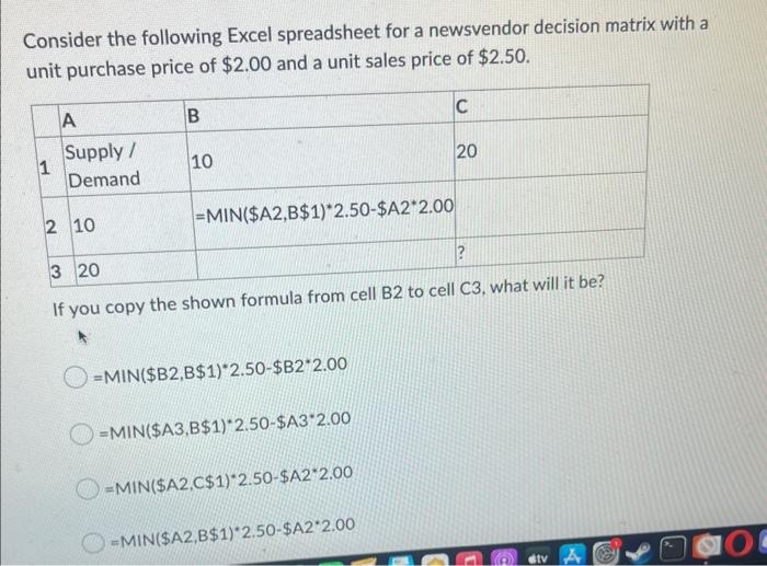 Solved Consider The Following Excel Spreadsheet For A | Chegg.com