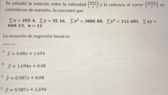 ples pasos Se estudió la relación entre la velocidad (Pes) y la cadencia al correr corredores de maratón. Se encontró que en