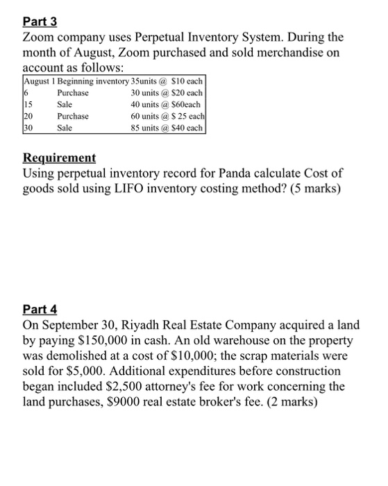 Solved Part 3 Zoom Company Uses Perpetual Inventory System. | Chegg.com