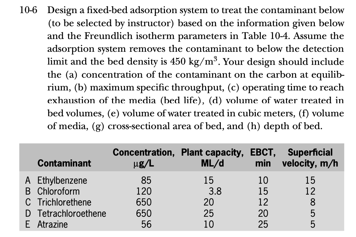 Solved 106 ﻿Design a fixedbed adsorption system to treat