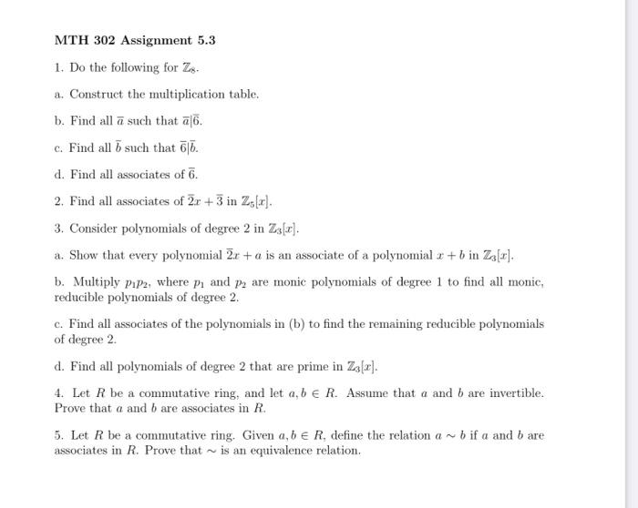 MTH 302 Assignment 5.3 1. Do the following for Z8. a. | Chegg.com