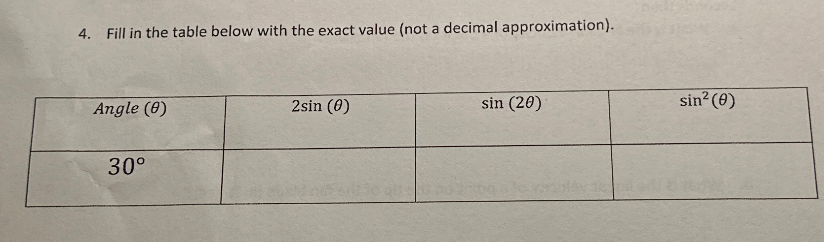 Solved Fill in the table below with the exact value (not a | Chegg.com