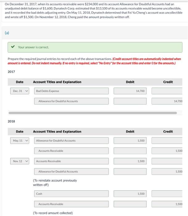 Solved On December 31,2017 , When Its Accounts Receivable | Chegg.com