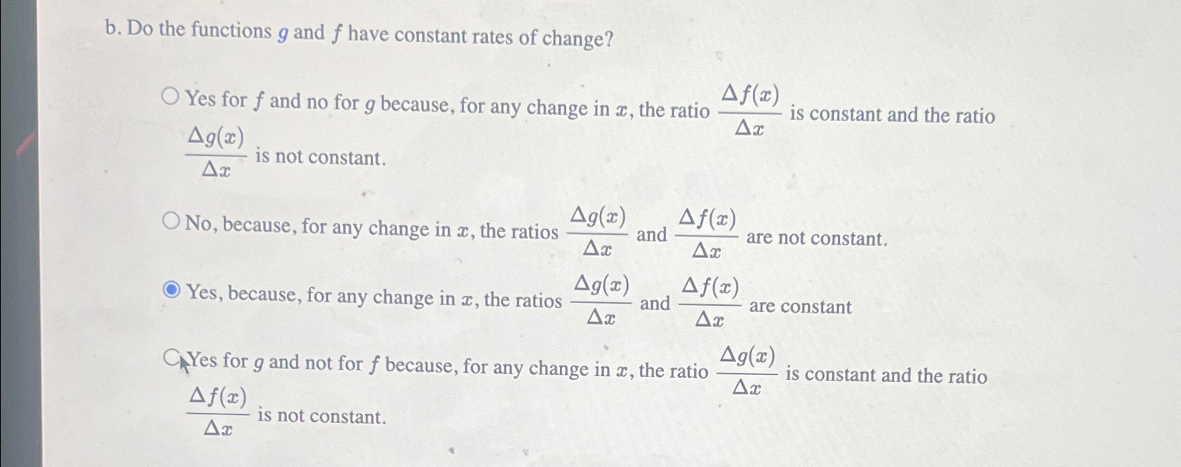 Solved b. ﻿Do the functions g ﻿and f ﻿have constant rates of | Chegg.com