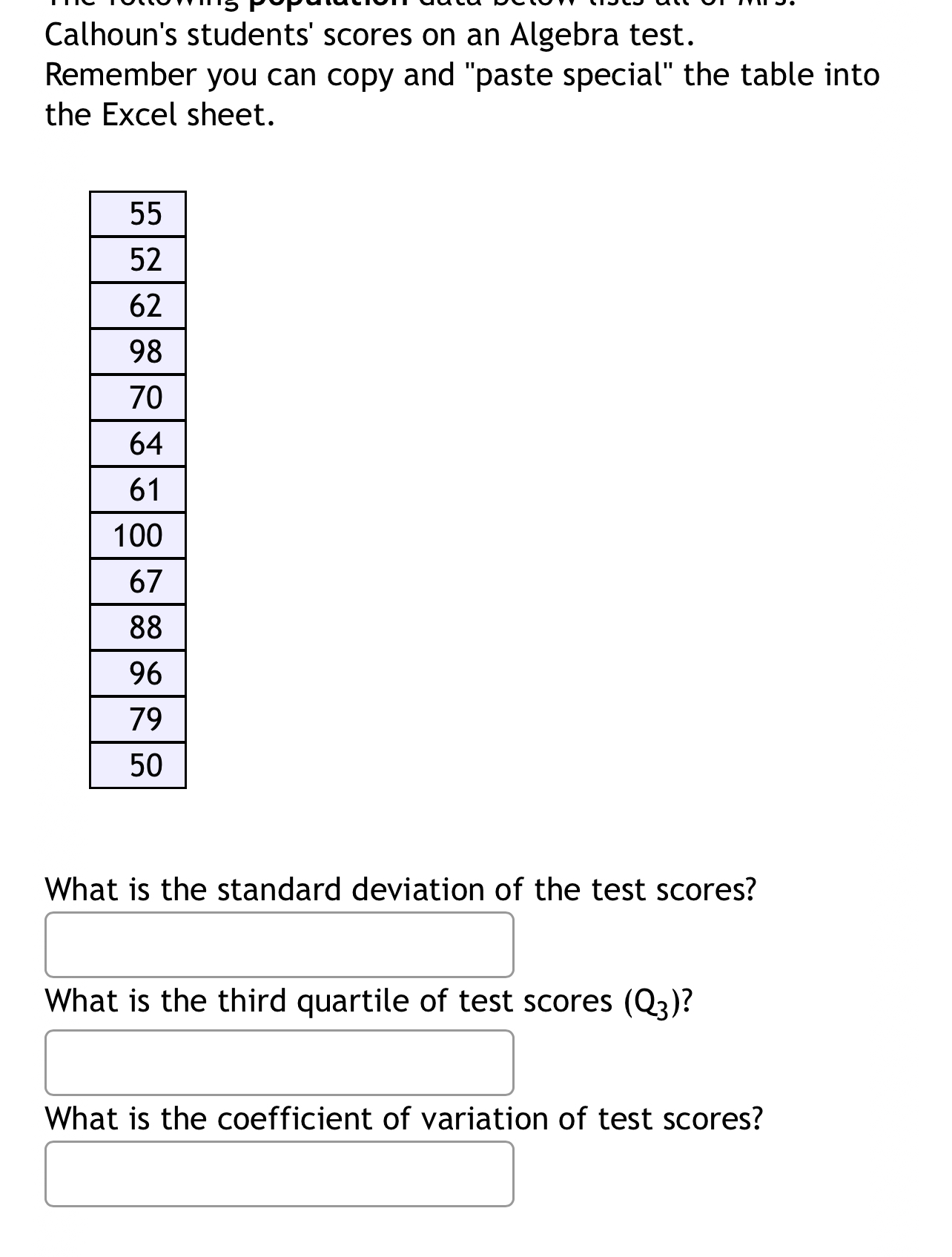 Calhoun's students' scores on an Algebra | Chegg.com