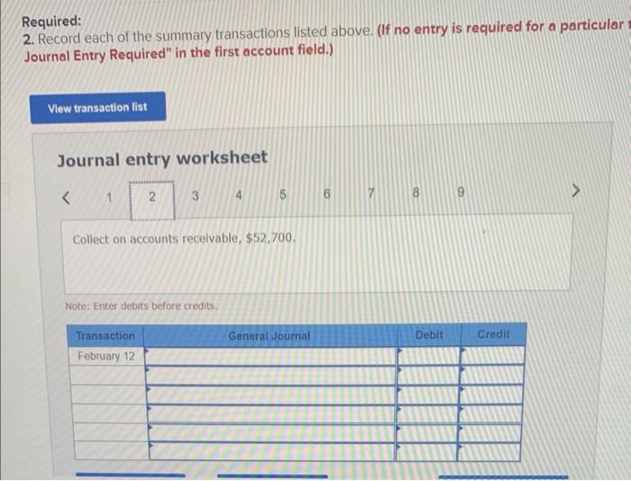 Required:
2. Record each of the summary transactions listed above. (If no entry is required for a particular Journal Entry Re