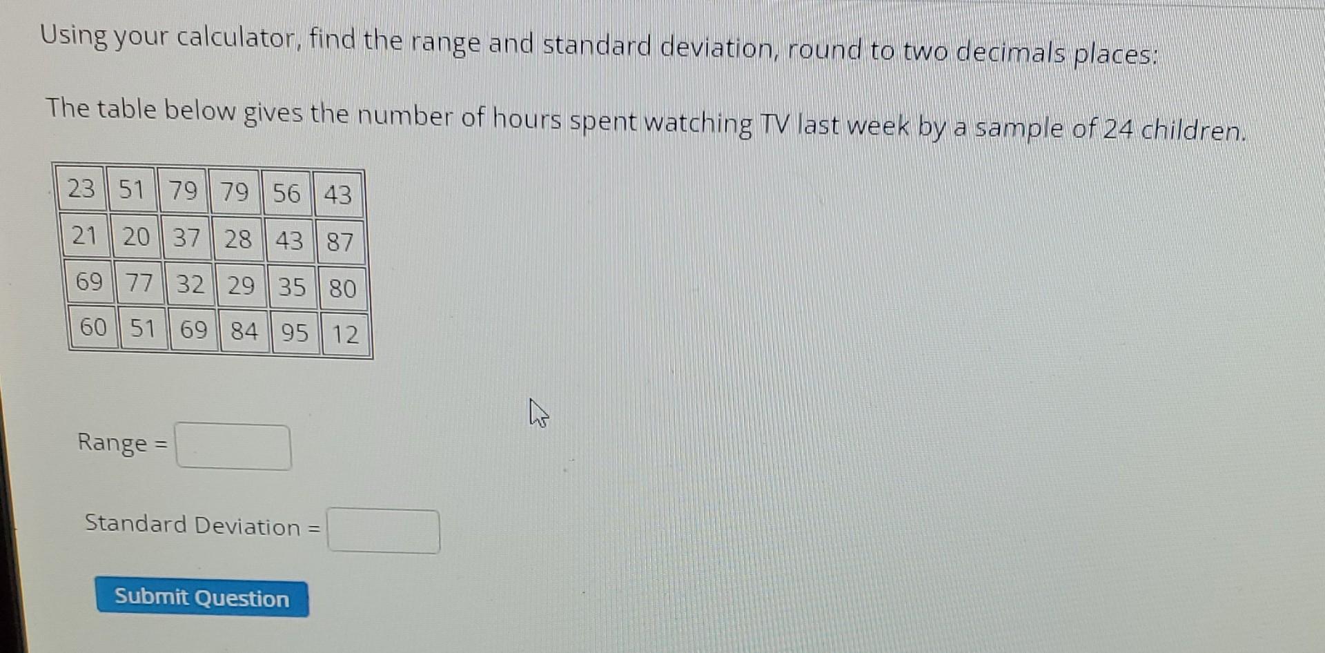 Solved Using your calculator, find the range and standard | Chegg.com
