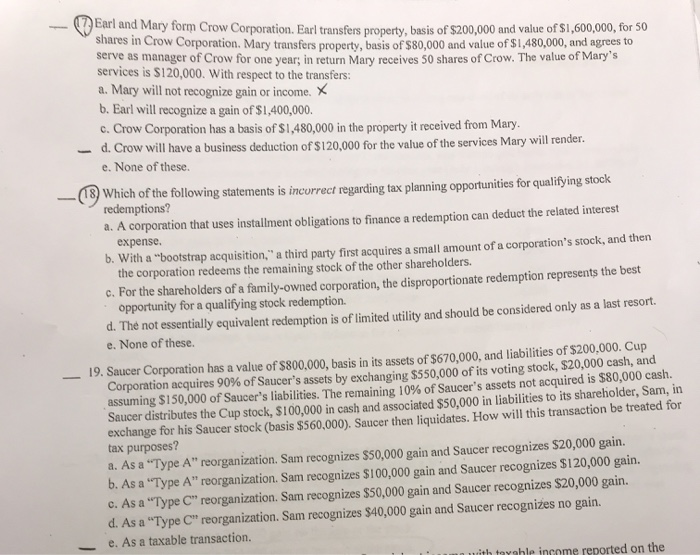 Earl And Mary Form Crow Corporation Earl Transfers Chegg Earl And Mary Form Crow Corporation Earl Transfers Chegg