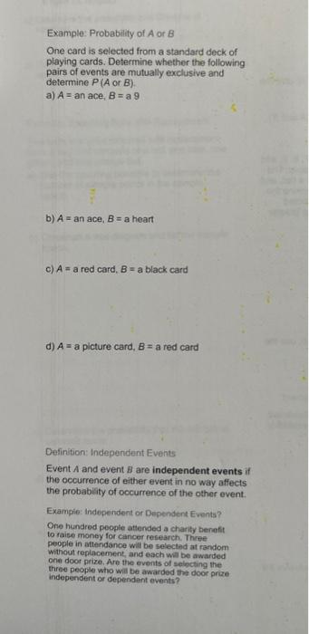 Example: Probability of A or B One card is selected | Chegg.com