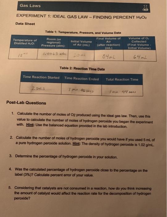 Solved Gas Laws PRE-LAB QUESTIONS 1. What is the conversion | Chegg.com
