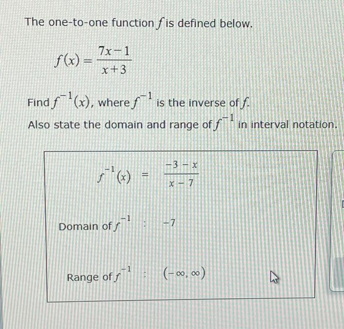 Solved The one-to-one function f is defined below. | Chegg.com