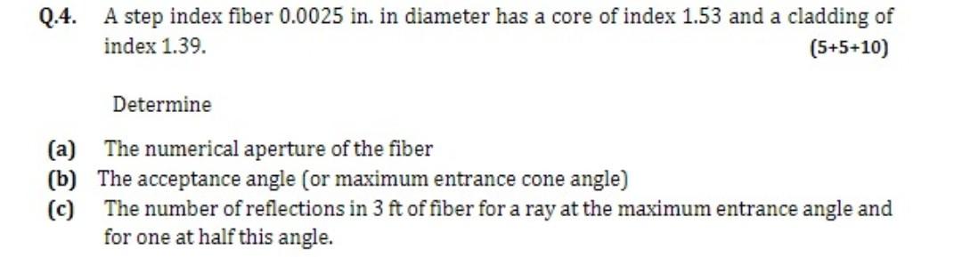 Solved Q.4. A step index fiber 0.0025 in. in diameter has a | Chegg.com
