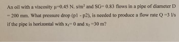 Solved An oil with a viscosity u=0.45 N. s/m2 and SG=0.83 | Chegg.com