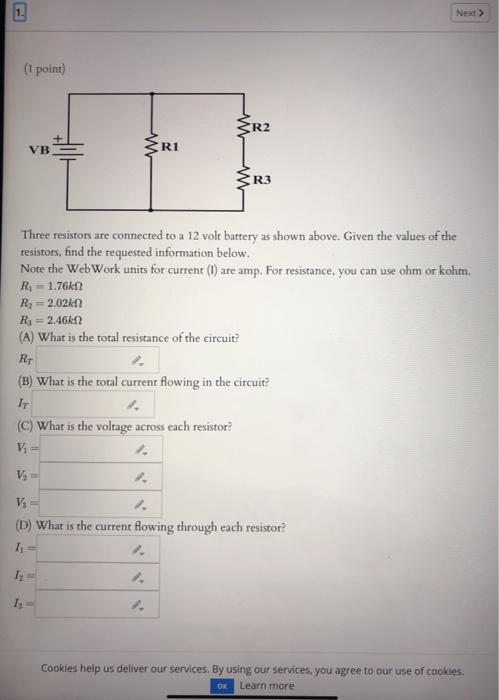 Solved Next >> (t point) R2 VB ERI AF R3 Three resistors are | Chegg.com