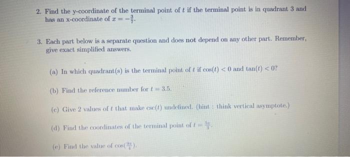 Solved 2. Find the y-coordinate of the terminal point of t | Chegg.com