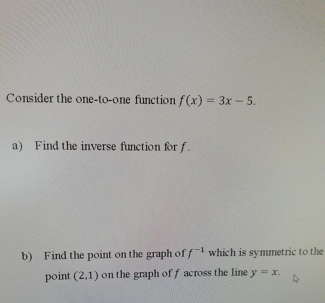 Solved Consider the one-to-one function f(x) = 3x - 5. a) | Chegg.com