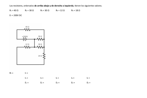 Los resistores, ordenados de arriba abajo y de derecha a izquierda, tienen los siguientes valores. \[ \begin{array}{l} R_{1}=