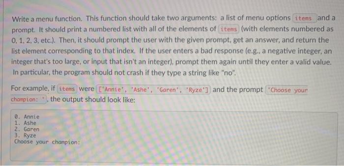 Solved Write a menu function. This function should take two | Chegg.com