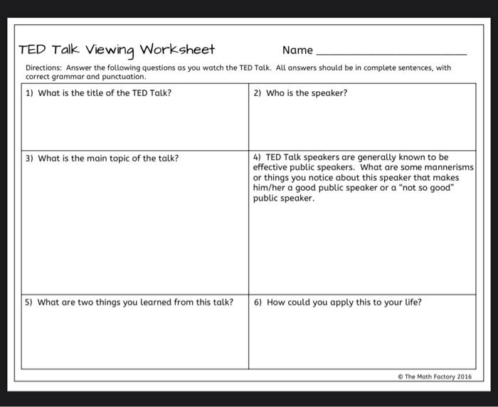 TED Talk Viewing Worksheet Name Chegg