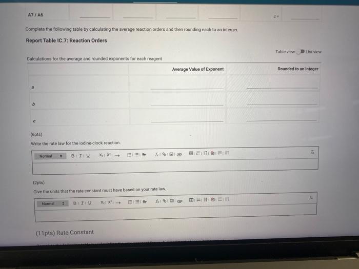 Complete the following table by calculating the average reaction orders and then rounding each to an interger.
Report Table I