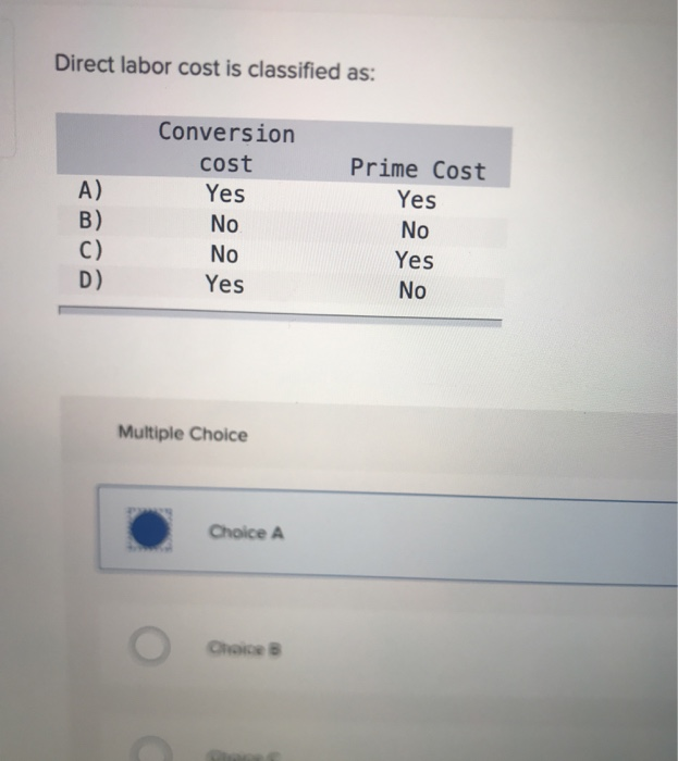 Solved Direct labor cost is classified as A) B) C) D)