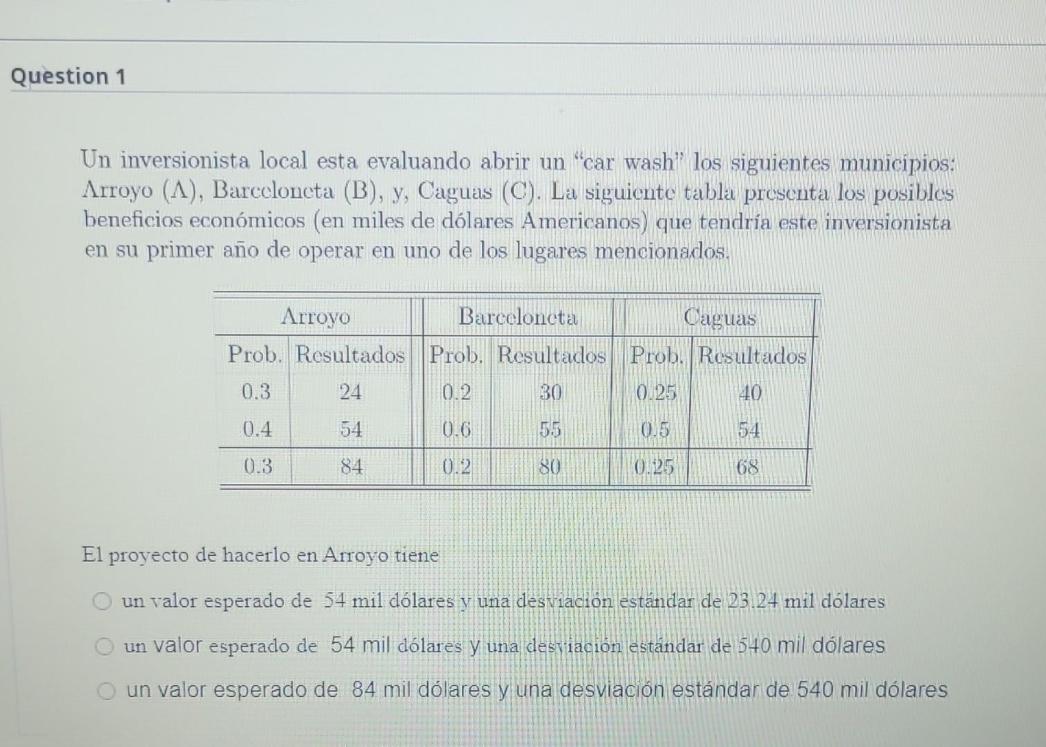 Un inversionista local esta evaluando abrir un car wash los siguientes municipios: Arroyo ( \( \Lambda \) ), Barceloneta (B